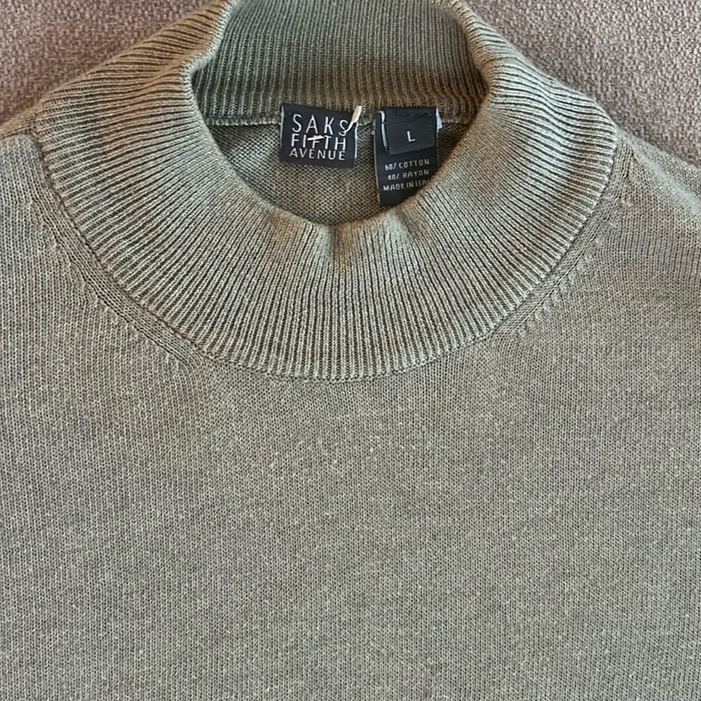 Saks Fifth Avenue Tan Brown sz L Cotton Blend Mock Neck Sweater EUC Stretch VTG - Picture 4 of 16
